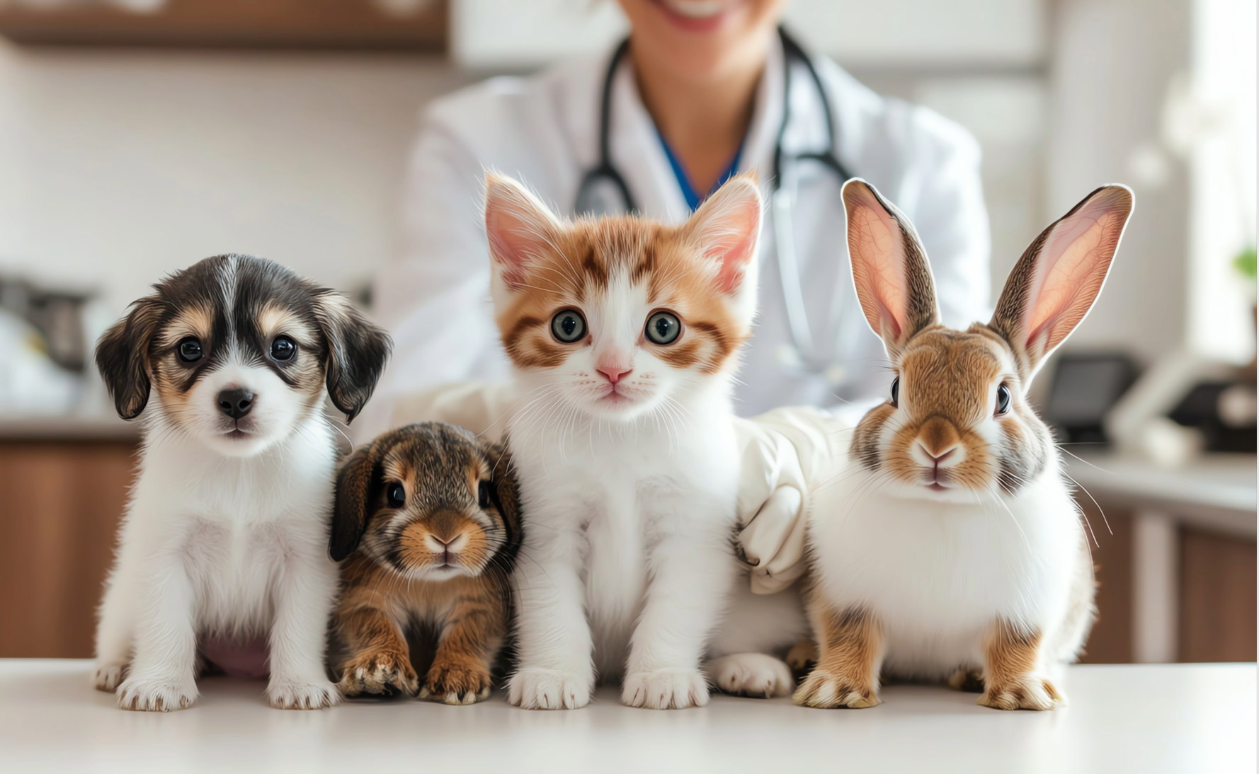 Veterinarian with foster animals including puppy, kitten, and rabbits
